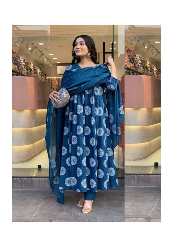 Malishka Export Blue Rayon Printed Anarkali Kurta Pant With Dupatta for Women - Image 4